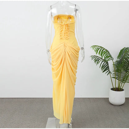 Elegant Yellow Strapless Pleated Dress Women Chic Sleeveless Waist Cinching Split Maxi Gowns Lady Evening Party Dresses 2026 New