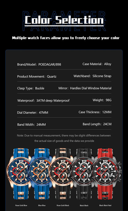 POEDAGAR Original Fashion Men Watch Date Chronograph Silicone Sports Man Clock Luminous Waterproof Military Quartz Men's Watches