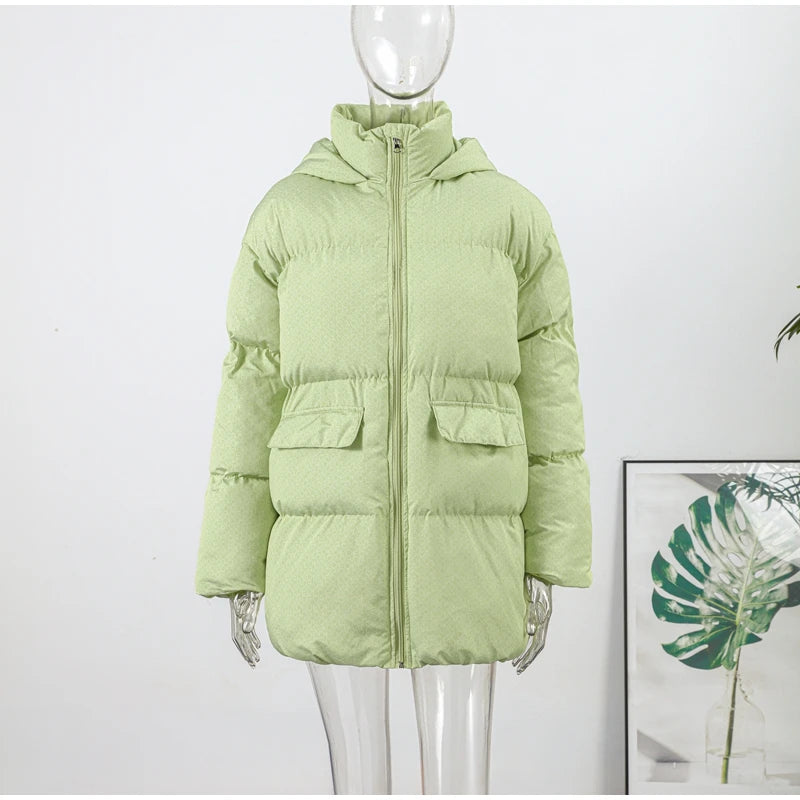 Printed Hooded Puffy Cotton Jacket Women Stand Collar Long Sleeve Zipper Loose Padded Coats 2025 Winter Lady Warm Outwear Street