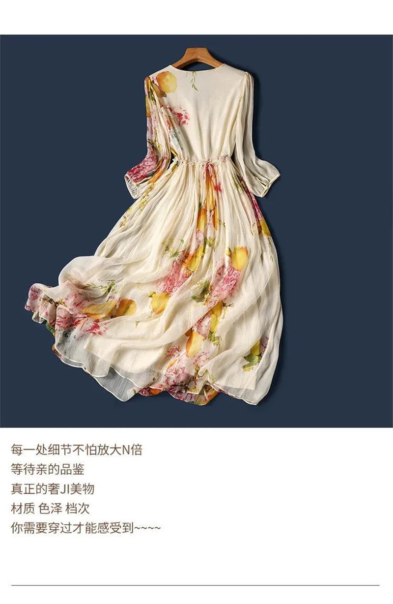 Limiguyue Summer Floral Print Silk Dresses Double Layers Ruffle Beaded Button A-Line Dress Elegant Chiffon Long Vestidos Z044