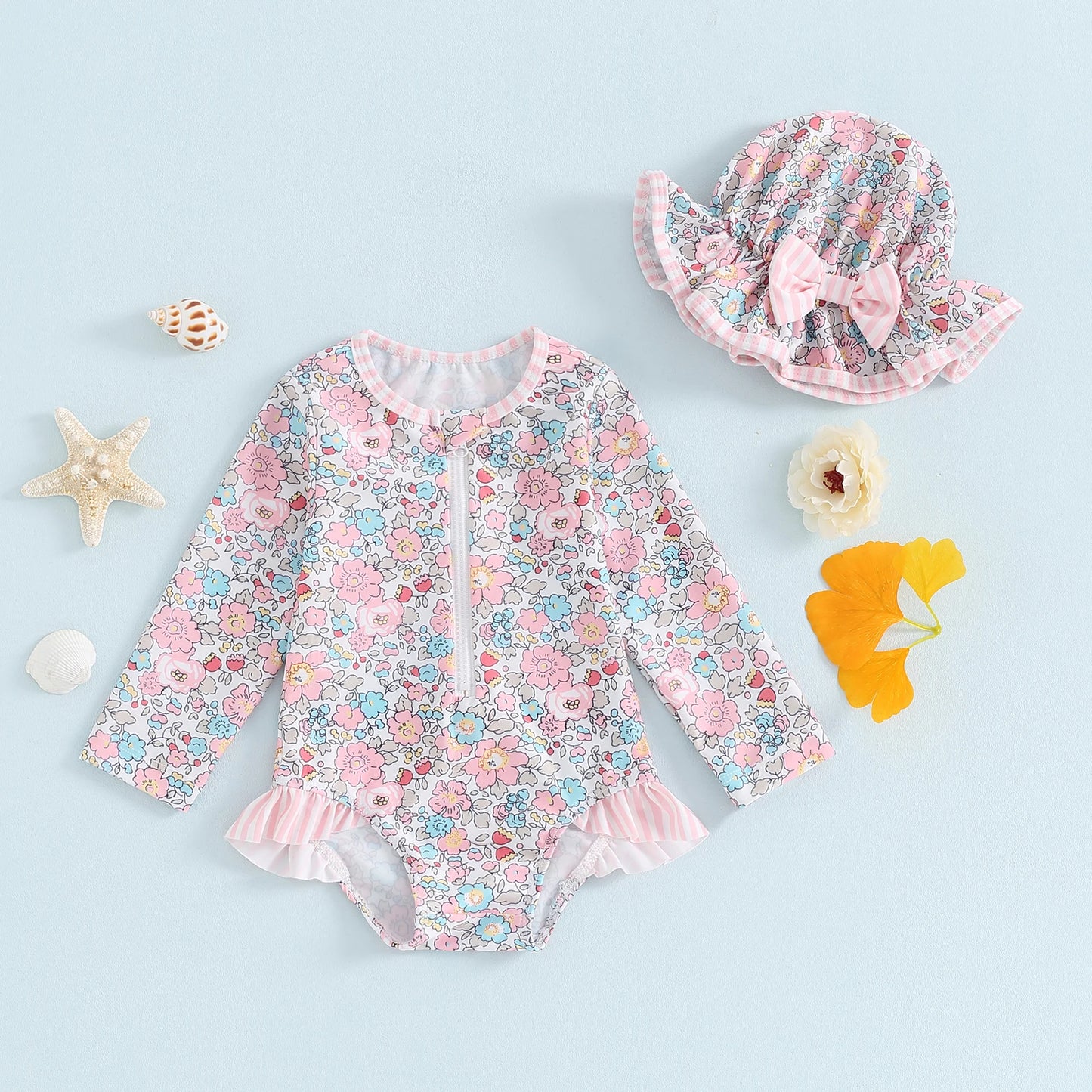 MISOWMNJOY Ruffle Floral Print Baby Girls Beachwear Summer Rash Guard Swimsuit Long Sleeve Bathing Suit Infant Swimwear with Hat