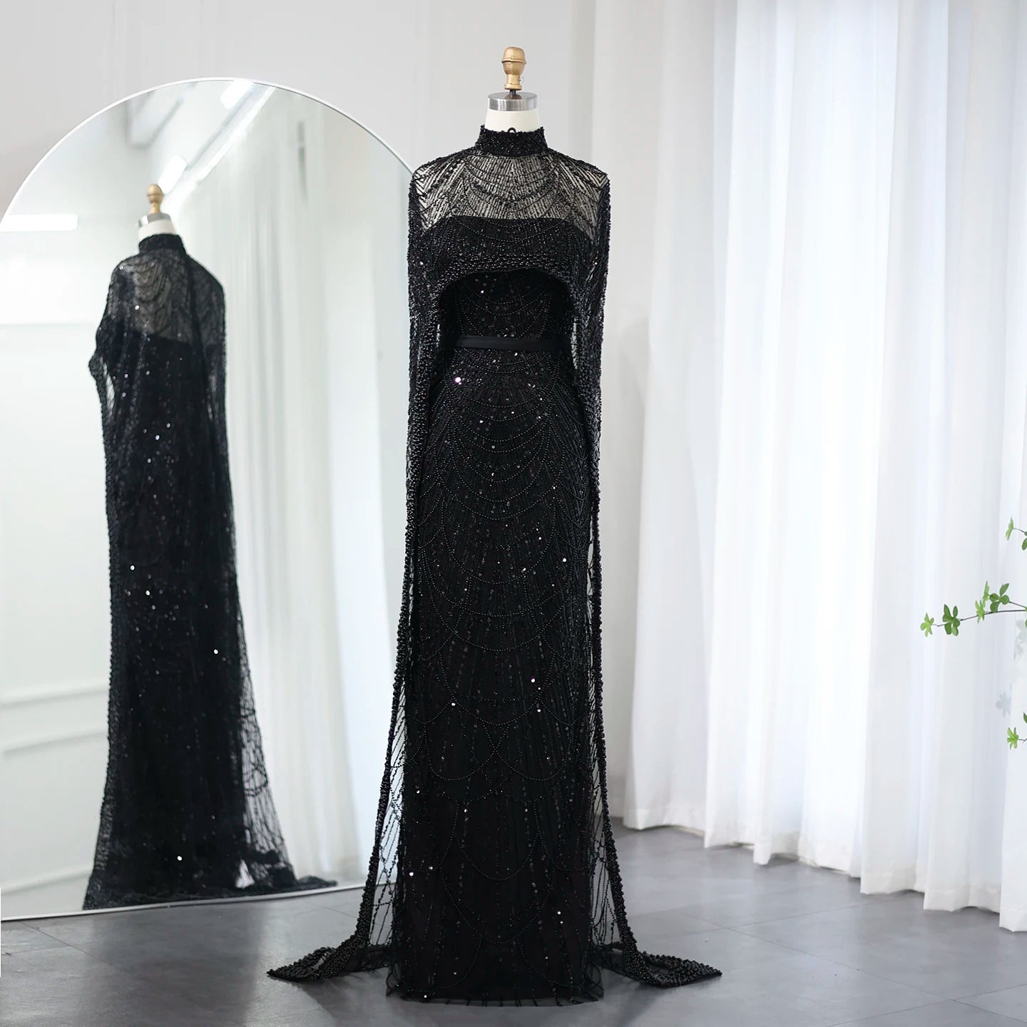 Sharon Said Luxury Pearls Dubai Champagne Evening Dresses with Cape New Arabic Women Mermaid Wedding Party Prom Dress SS369