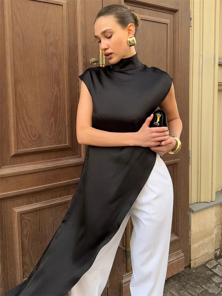 Tossy Casual Sleeveless Satin Maxi Dress Female Turtleneck Patchwork Slim Fashion Solid Commute Dress For Women Long Dress 2025
