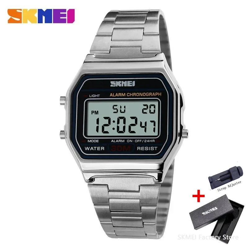 SKMEI 1123 Luxury Retro Digital Sports Watch for Men Stainless Steel Waterproof Mens Wristwatches Steel Clock 1328 Reloj Hombre