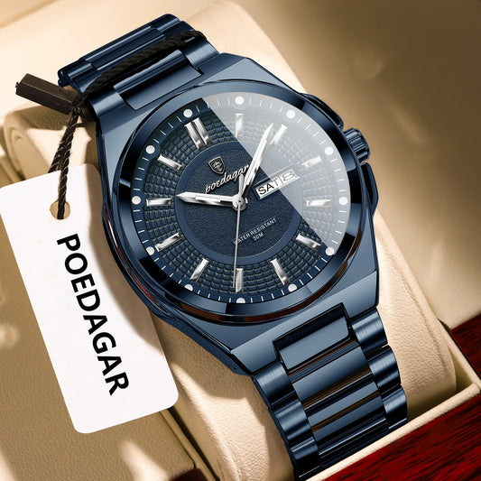 POEDAGAR Top Business Men's Watches Stainless Steel Waterproof Luminous Man Watch Date Week Quartz Casual Fashion Men Wristwatch