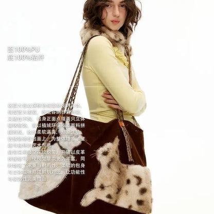 Women Bags New Fashion Vintage PU “Velvet Cat Dialogue” High-Capacity Shoulder Bag Handbag