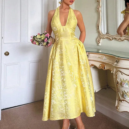 Solid Backless Lace Up A-line Dress Women Sleeveless Deep V-neck High Waist Pleated Midi Dresses Lady Evening Party Robes 2026