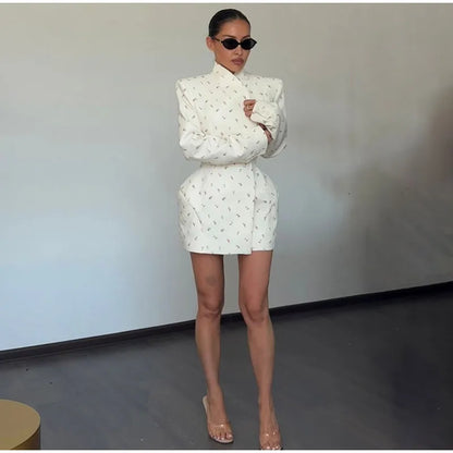 White Waist Cinching Floral Shoulder Pad Blazer Long Sleeve Single Breasted Jacket for Summer 2025 Elagant Female Outwear