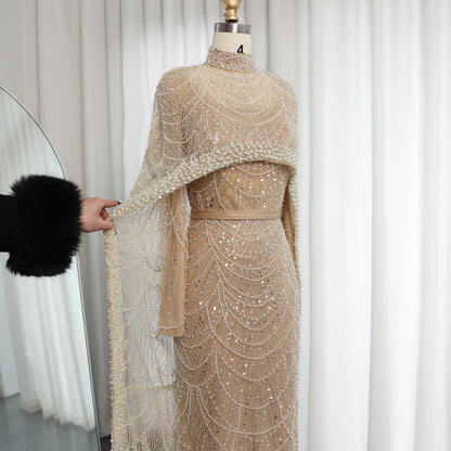 Sharon Said Luxury Pearls Dubai Champagne Evening Dresses with Cape New Arabic Women Mermaid Wedding Party Prom Dress SS369