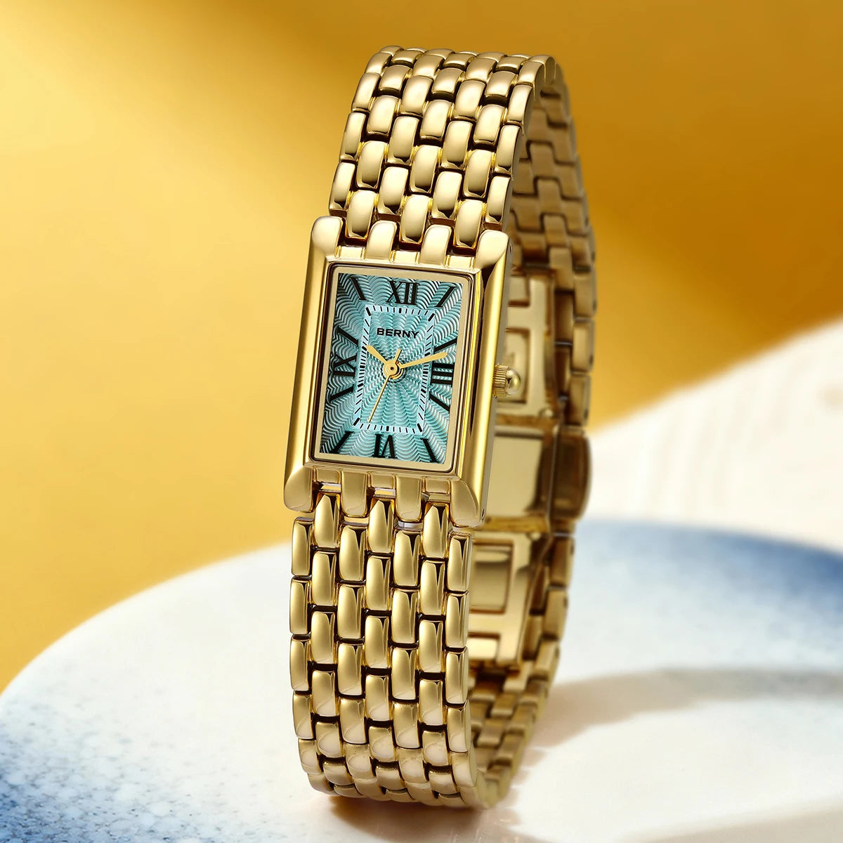 BERNY Luxury Women's Watches Fashion Ladies Square Casual Golden Quartz Watch Solid Stainless Steel Rectangle Girls Wristwatch