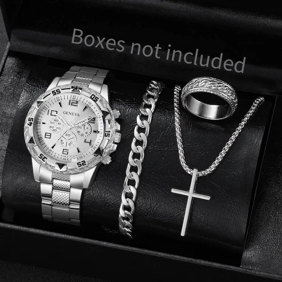 4PCS/Set Fashion Men Business Watches Luxury Big Dial Quartz Watch for Men Clock Jewelry Set Reloj Hombre（Without Box）