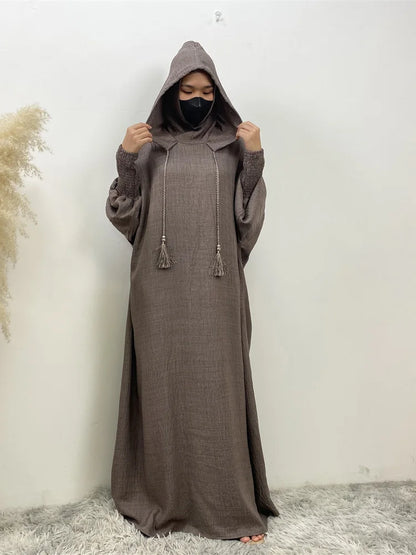 Hot Seller Ramadan Islamic Clothing Wrinkle Polyester Hoodie Abaya Dress With Undercap Muslim Women Abaya Hoodie Causal Dresses