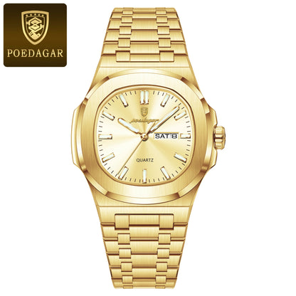 POEDAGAR Classic Square Men Wristwatch Waterproof Luminous Date Week Casual Man Clock Stainless Steel Men's Quartz Watches Reloj