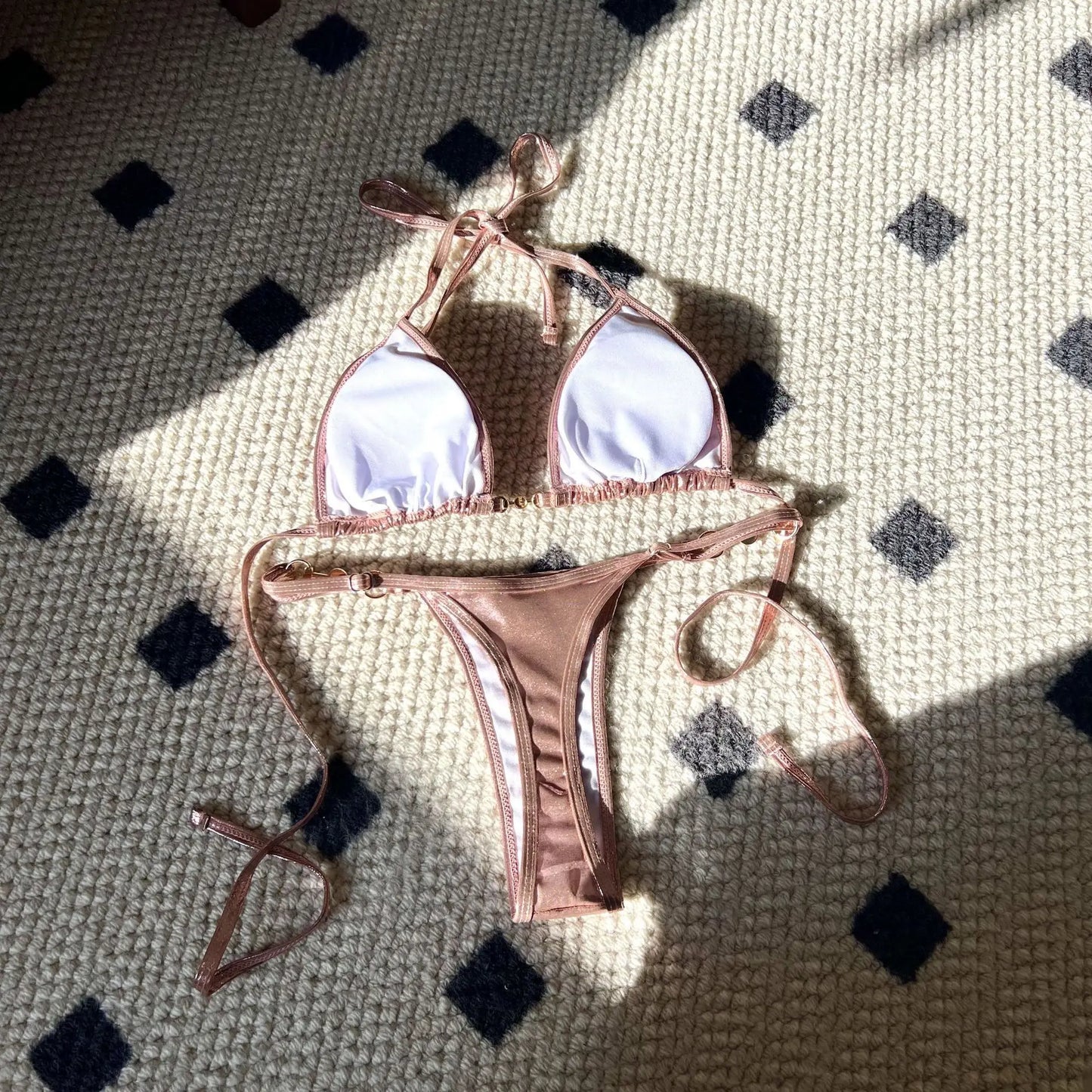 Shiny Pink Micro Bikini 2026 Mujer Women Sexy PU Pearls Push Up Thong Swimsuit Summer Bathing Suit Bandage Holiday Swimwear