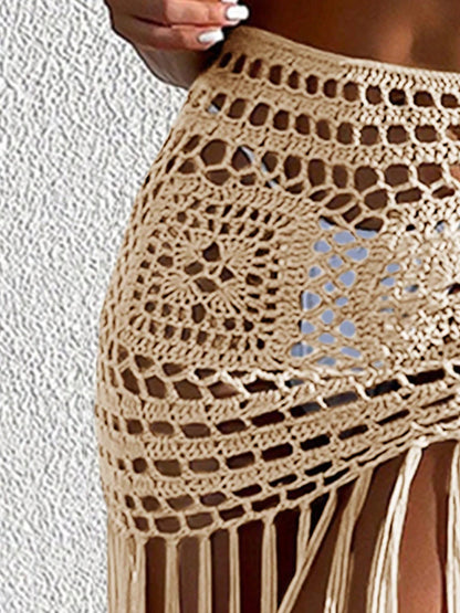 Crochet Tassel Bikini Cover Up Dress Beach Wear Women Tie Up Bather Bathing Suit Tassel Long Skirt Swimsuit Cover Up Beach Dress