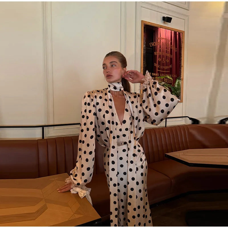 Satin Polka Dots V Neck Maxi Dress Suit Women Elegant Ribbon Full Sleeve Blouse Waist Cinching Long Skirt 2026 Lady Party Outfit