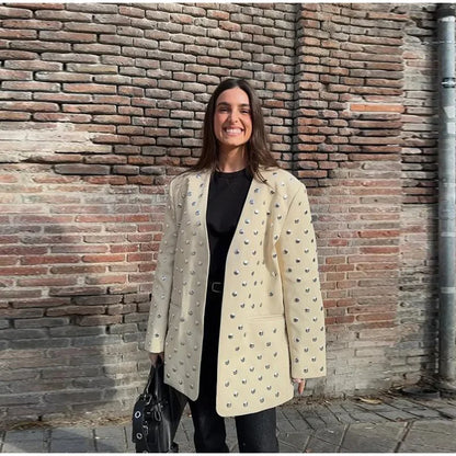 Rivet Fashion V-neck Balzer Coat Women Shoulder Pads Loose Fake Pocket Long Sleeve Jacket 2025 Spring Street Party Commute Tops