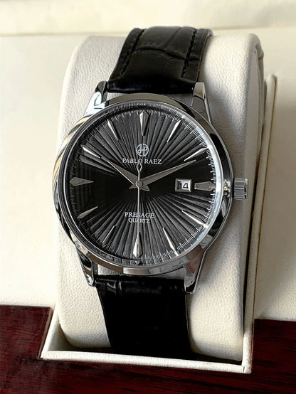 Top Brand Men's Watch Simple Business Waterproof Calendar Leather Strap Male Fashion Quartz Watches Gift: Box, Spare Battery