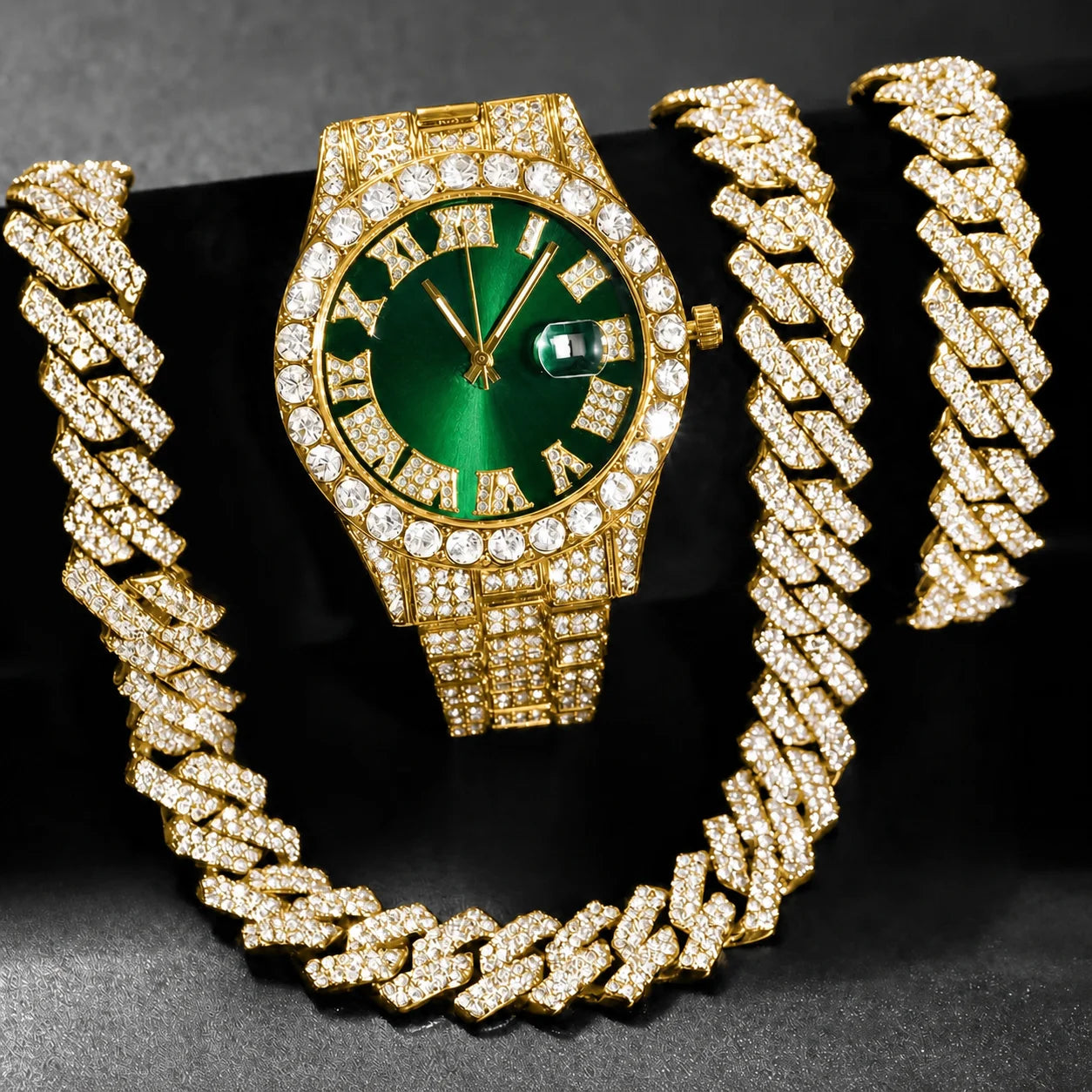 3/4PCS Hip Hop Iced Out Men's Watch Jewelry Set Luxury Rhinestone Quartz Wristwatch Cuban Link Chain Accessories（Without Box）