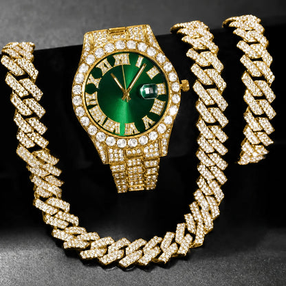 3/4PCS Hip Hop Iced Out Men's Watch Jewelry Set Luxury Rhinestone Quartz Wristwatch Cuban Link Chain Accessories（Without Box）