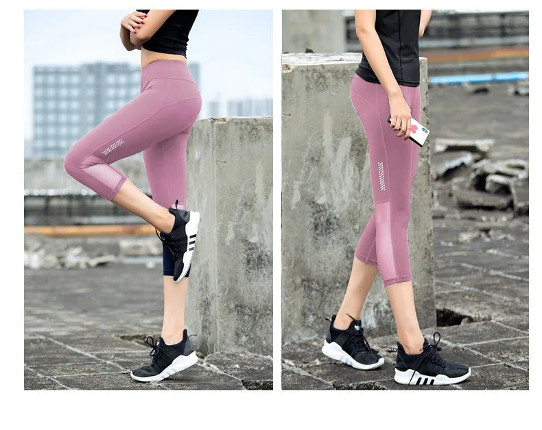 High Waist Mesh Sports Leggings Women Yoga Pants Quick Drying Capris Crop Fitness Tight Breathable Pant Running Gym Trousers