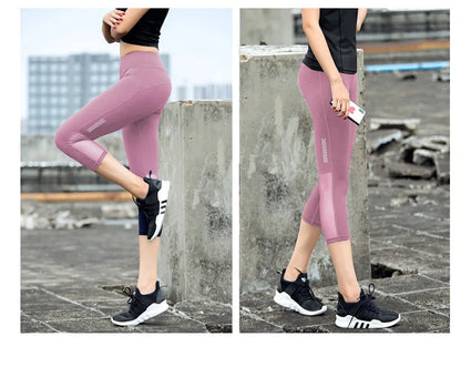 High Waist Mesh Sports Leggings Women Yoga Pants Quick Drying Capris Crop Fitness Tight Breathable Pant Running Gym Trousers