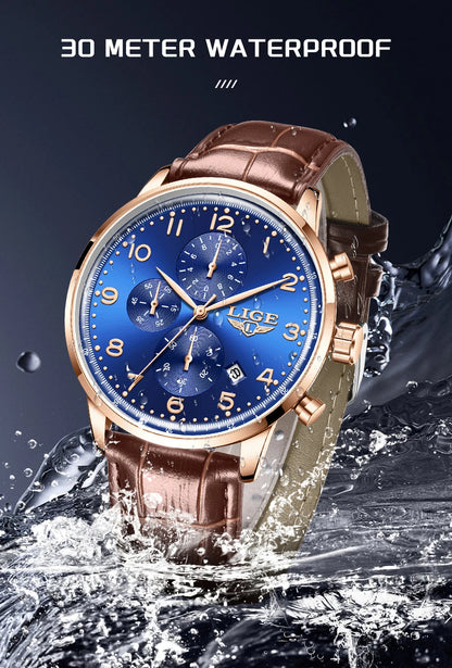 LIGE Casual Sports Watches For Men Fashion Business Leather Waterproof Quartz Men Watch Top Brand Luxury Military Chronograph