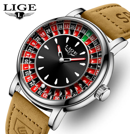 LIGE Quartz Man Watch Fashion Luxury Creative Roulette Game Dial Design Leather Casual Life Waterproof Watches for Men Gifts+Box