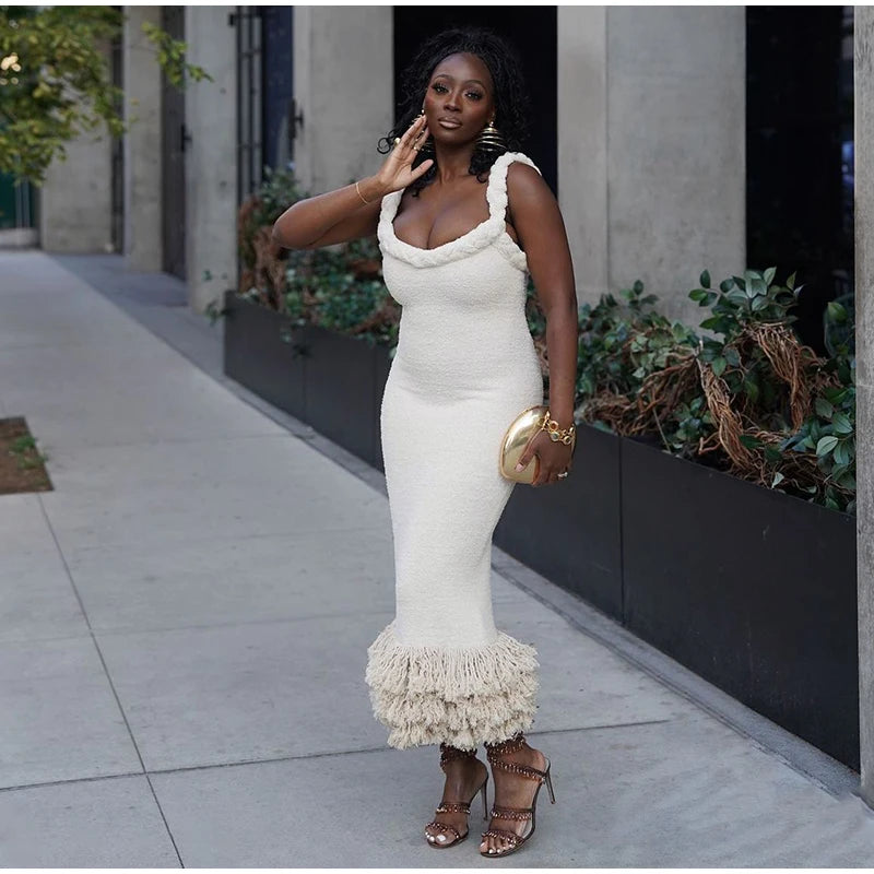 Tassels Hem Twist Strap Knitted Dress Women Sleeveless Backless Slim High Waist Dresses Female Holiday Evening Bodycon Robe