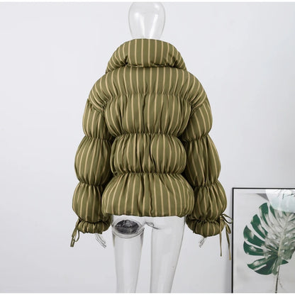 Printed Hooded Puffy Cotton Jacket Women Stand Collar Long Sleeve Zipper Loose Padded Coats 2025 Winter Lady Warm Outwear Street