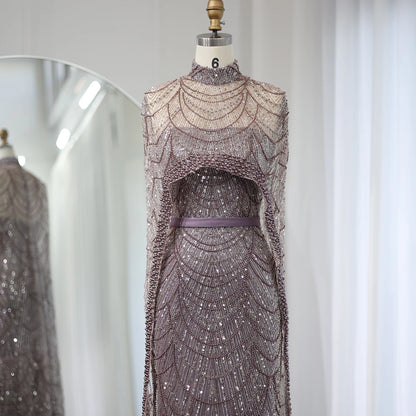 Sharon Said Luxury Pearls Dubai Champagne Evening Dresses with Cape New Arabic Women Mermaid Wedding Party Prom Dress SS369