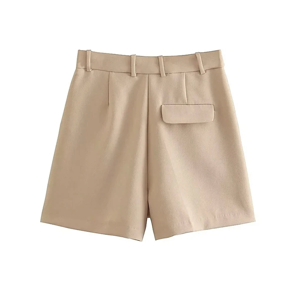 Women Fashion Side Pockets Front Darts Bermuda Shorts Vintage High Waist Zipper Fly Female Short Pants Mujer