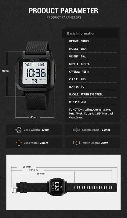 SKMEI 1894 Sport Electronic Watch for Men Shockproof Waterproof Countdown Mens Wristwatch Military Alarm Clock 1960 Reloj Hombre