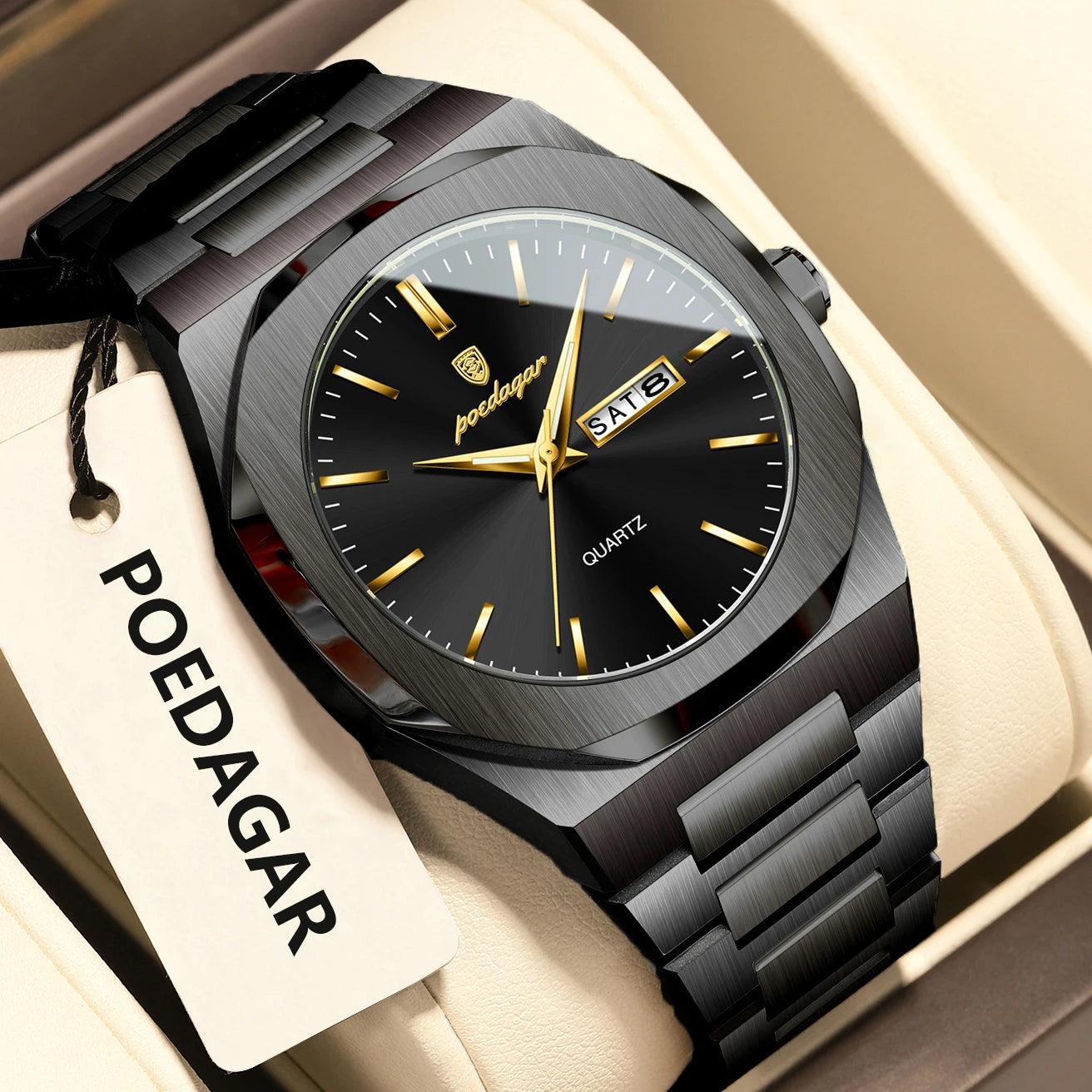 POEDAGAR Fashion Brand Man Clock Luminous Waterproof Stainless Steel Men's Watch Date Week Quartz Business Watches For Men Reloj
