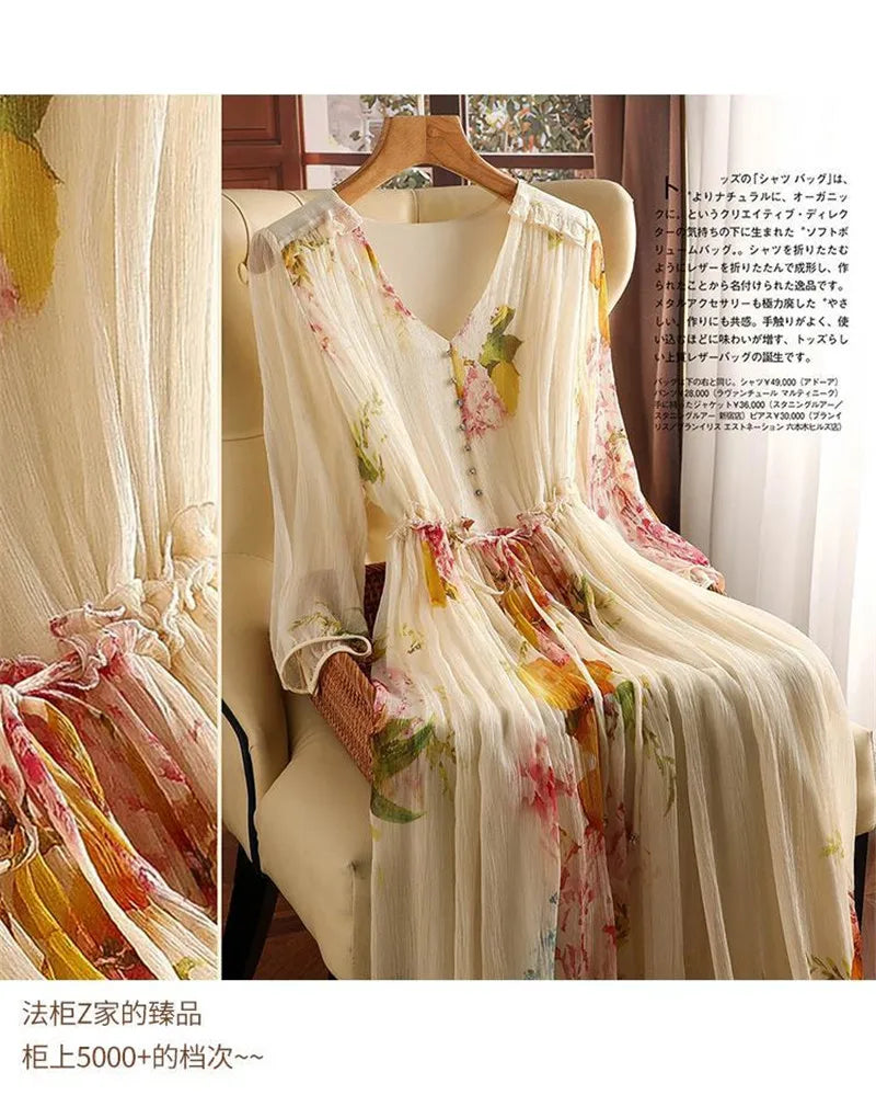 Limiguyue Summer Floral Print Silk Dresses Double Layers Ruffle Beaded Button A-Line Dress Elegant Chiffon Long Vestidos Z044