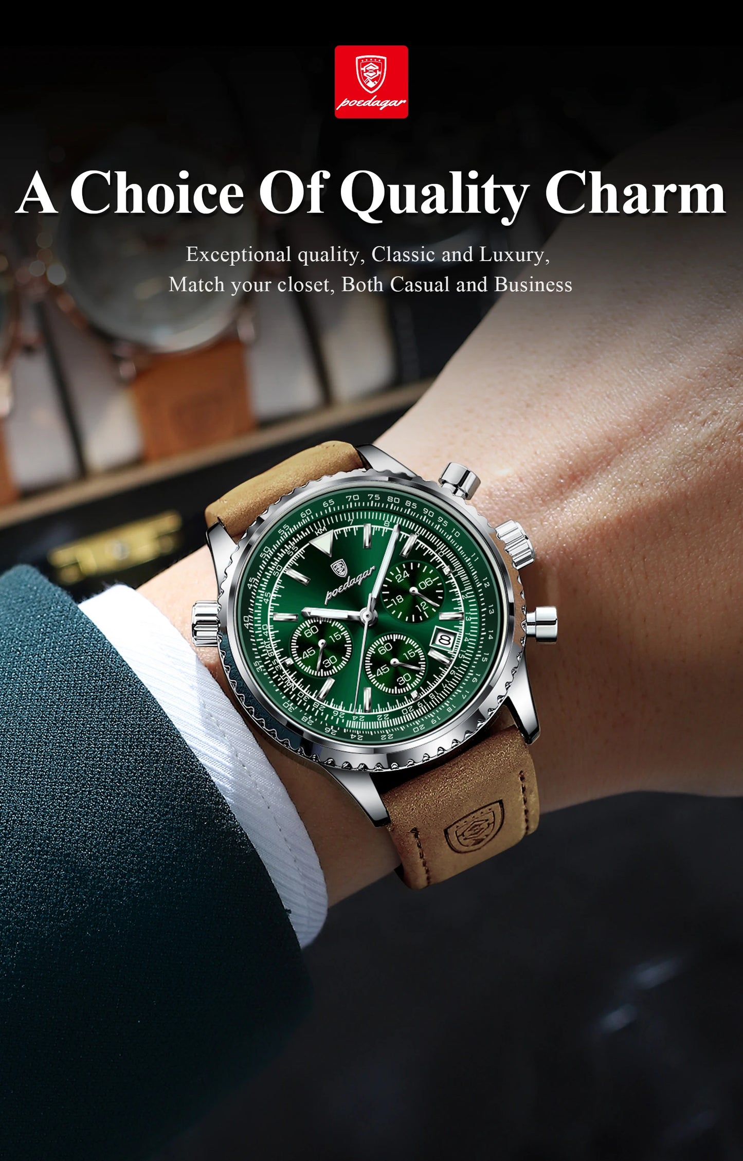 POEDAGAR Business Men Wristwatch Waterproof Luminous Date Chronograph Sport Man Clock Leather Quartz Fashion Men's Watches Reloj