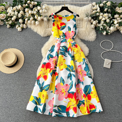 French Elegant Floral Dress Women Retro Round Neck Sleeveless Print Party Dresses Summer Slim A-line Vintage Long Robe Vestidos
