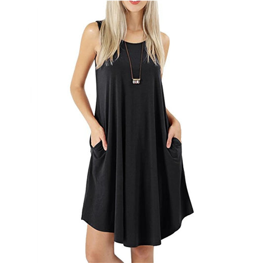 Women Dress Summer Casual Sleeveless T Shirt Dresses Beach Cover Up Plain Pleated Tank Pockets Dress Vacation Style