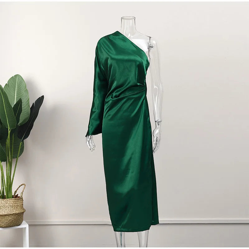 Sexy Women One Shoulder Long Sleeve Dresses Elegant Backless Split Side Slit Bodycon Dress 2023 Fashion Pleated Ladies Robe