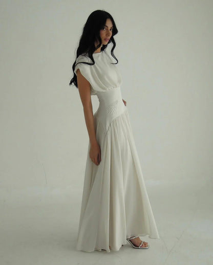 Elegant Sleeveless Girdling Long Dress Women O-neck High Waist Solid A-line Long Big Swing Dresses 2025 Summer Holiday Lady Robe