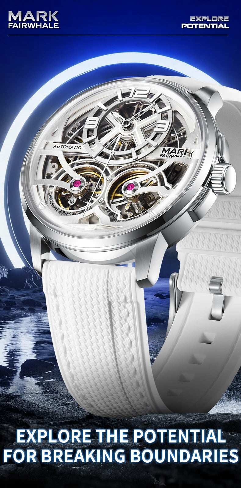 Mark Fairwhale Fashion Watches Mens Silicone Strap Waterproof Automatic Skeleton Mechanical Watch