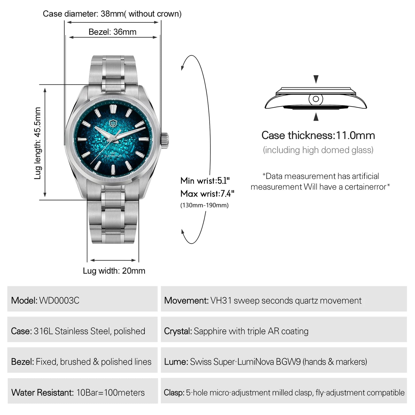 Watchdives 38mm Men Quartz Watch VH31 Sweep Seconds Movement ice Crystal Titanium Waterproof Watches WD0003B WD0003C WD0003D