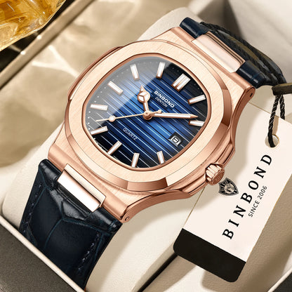 BINBOND precise quartz wristwatches for men luxury luminous waterproof auto date leather strap durabble men's watch casual reloj