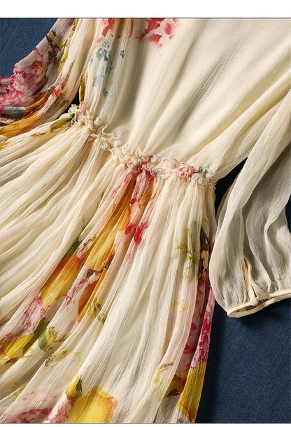 Limiguyue Summer Floral Print Silk Dresses Double Layers Ruffle Beaded Button A-Line Dress Elegant Chiffon Long Vestidos Z044