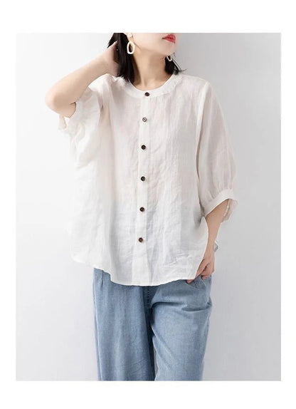 Cotton and linen shirt women's spring and summer thin solid color lantern sleeve stand collar top loose large size shirt