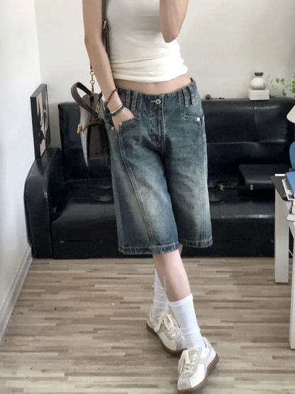 American Retro Blue Denim Shorts Women Korean Style High Waist Biker  Jeans Feminino 2026 Summer Chic Streetwear