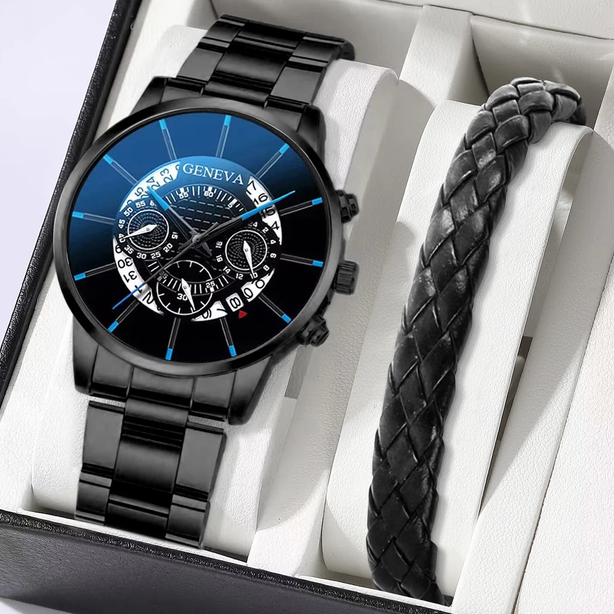 2PCS Men Business Watches Fashion Steel Band Male's Analog Quartz Watch Leather Bracelet Set Reloj Hombre（Without Box