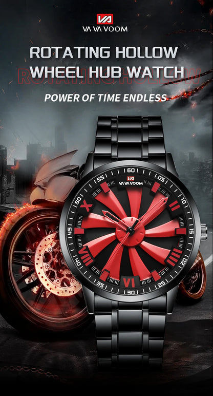 Sports Men Watch 43mm Red Rotating Dial Black Stainless Steel With Quartz Clock Simulation Car Hub 3Bar Daily Waterproof Watches