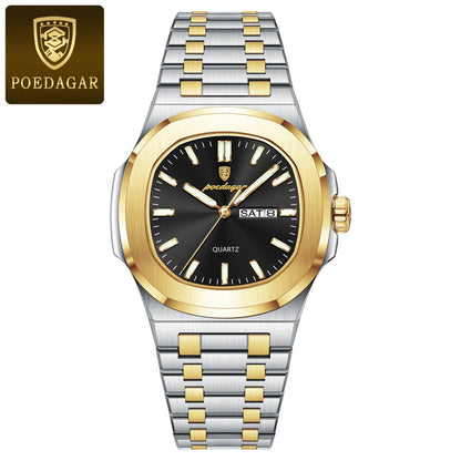 POEDAGAR Classic Square Men Wristwatch Waterproof Luminous Date Week Casual Man Clock Stainless Steel Men's Quartz Watches Reloj