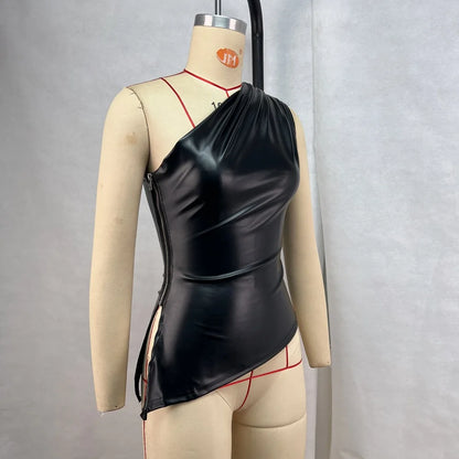 Solid color leather sleeveless irregular single shoulder sloping collar sexy slim zipper T-shirt